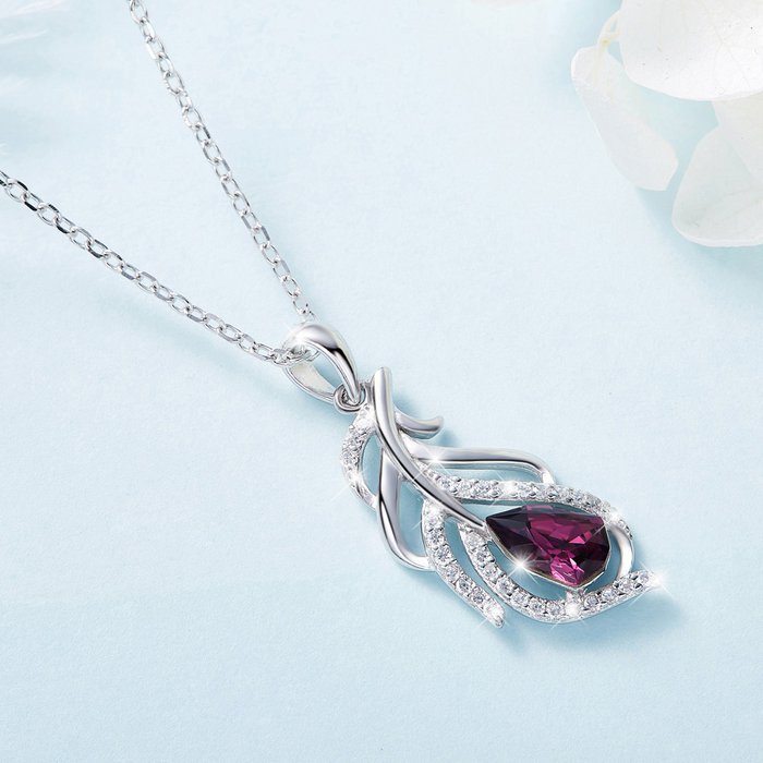 Collar Pluma, Plata 925 rodiada y cristales Swarovski®